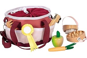 Small Foot Pferdepflegeset mit Tasche rot, mit kindgerechten Utensilien aus Holz, Zubehör für das Pferdespiel, für Kinder ab 3 Jahren, 12705, Kindergroß