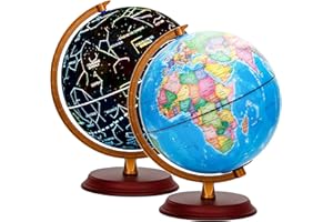 EXERZ 20cm Globe Lumineux - Globe Terrestre en Bois - Carte Politique en Français (jour) - Etoiles et Constellations (Nuit) - Lampe LED