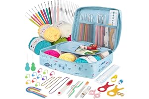 YINVA Crochet Kits Crochet Hooks Set for Beginners Adults Knitting Kit Ergonomic Metal Crochet Hooks 0.6mm-8mm Knitting Accessories Tools Crochet Wool Yarn Storage Case Needles Starter Kit-Blue