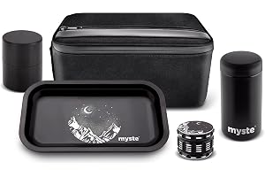 MYSTE XXXL Stash Box med tillbehör, stor kvarn 63 mm, luktsäkert kombinationsset, stashbox kombo kit låsbar med lås, med kvarn, rullbar bricka set
