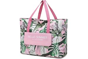 Myhozee Bolsa dePlaya XXL Para Mujer, Bolsa de Playa con Cremallera, Bolsa de Playa de Verano, Impermeable,Para Piscina, Excursión a laPlaya, Picnic,Viajes, Pink Leaf