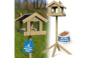 Schwanfeld® Vogelhaus mit Ständer wetterfest [FÜR ALLE VOGELARTEN] - inkl. 500g Vogelfutter - Vogelfutterhaus mit Ständer wetterfest & langlebig - sicheres Futterhaus für Vögel 1,2m hoch (kippsicher)
