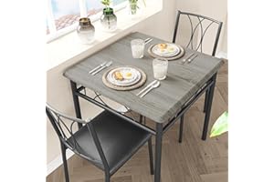 Salutmeuble 3-teiliges Tisch mit Stühlen, Esstisch Klein mit 2 Stühlen, Quadratischer Esstisch aus Metall und Holz mit 2 Gepolsterten Stühlen, Küchentisch für Kleine Räume,Grau+Schwarz