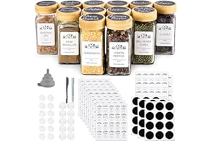 FDGAUCA Barattoli Cucina 12 * 120ml, Barattoli Spezie con Coperchio in Bambù con Etichette Impermeabili per Spezie, Contenitore per Spezie con Imbuto in Silicone, Due Pennarelli