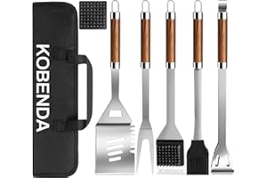 KOBENDA Kit Barbecue Complet 7 Pièces avec Sac de Rangement - Set d'Ustensiles Professionnels en Acier Inoxydable pour Jardin et Campement, Cadeau Homme Idéal, Spatule, Pince, Fourchette et