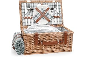 TWENTYNEXT Wicker Picnic Basket Set for 2 Persons with Waterproof Picnic Blanket and Large Insulated Cooler Compartment, Willow Picnic Hamper Basket with Cutlery Service Kits for Camping, Wedding (Green)