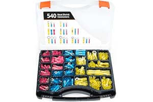 Wirefy Cosses Electriques à Sertir thermorétractables - Kit de Cosse Thermoretractable pour Automobile - Assortiment Cosses Ronde, Fourches, Plates, Bout à Bout, Crochet - 540 Pièces