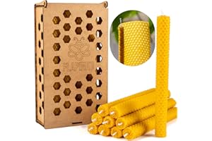Beeswax Candle Set Taper FLAPINKO Handmade, 10 pcs | 100% Pure,Organic,Natural, Cotton Wick | Honeycomb Texture | Real Bees Wax Candles Gift Set with Wooden Box | Premium,Dinner,Bistro