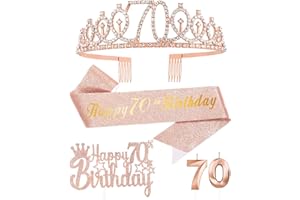 FUNCANDLE 70 Años Corona Banda Cumpleaños Mujer Tiara Corona y Faja de Oro Rosa, Velas Cumpleaños Numeros 70 Cake Topper de Tarta Decoración Fiesta