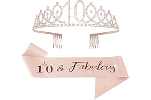 Mikccer Rose Gold 10th Birthday Sash and 10 Birthday Tiara, Rhinestone Crown Headband for 10th Birthday Gifts, 10th Birthday Decoration Party Accessories for Girls
