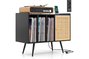 COSTWAY Meuble Vinyle avec Prise, Rangement Vinyle pour 220 Albums, Rangement CD/DVD Manga, Armoire à Porte Cannage,Support pour Tourne-disque, Meuble Hifi pour Salon, Chambre (Noir)