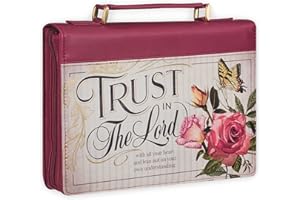 Christian Art Gifts Maroon Red Floral Fashion Bible Cover for Women: Trust in The Lord - Prov. 3:5 Inspirational Scripture Verse, Vintage Vegan Leather Book Carry Case Bag w/Stationery Storage, Large
