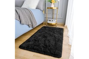 MOONLIGHT20015 Rugs Living Room – Black Area Rugs for Bedroom Non Slip – Fluffy Shaggy Rug Super Soft Small Thick Pile Non-Shedding Plush Carpet for Lounge, 60cm x 110cm