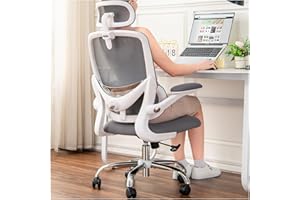 ‎TONFARY TONFARY Ergonomiczny fotel do domowego biura z siatkowym wysokim oparciem, regulowanym wsparciem lędźwiowym, podłokietnikami, zagłówkiem,oszczędność miejsca krzesło gamingowe, 150 kg (Biały+Szary)