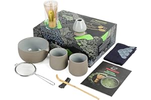 TEANAGOO Matcha Whisk Set Matcha Bowl with Pouring Spout Bamboo Matcha Whisk Scoop Matcha Whisk Holder Tea Making Kit. 1 Japanese Tea Set (7pcs) + 2Cups(7.2oz),S2,Darker Grey,Color Box Packing