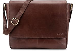 LEABAGS Bolso Bandolera para Hombres y Mujeres | Bolsa Ordenador Portátil de Cuero Auténtico 14" | Bolsa de Mensajero con Correa | Bolsa de Hombro | Bolsa de Mano de Trabajo