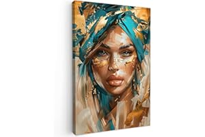 MuchoWow© Impression sur Toile Decoration Murale Peinture 80x120 cm Tableaux Art Décoratif Muraux Décoration Chambre Femme - Portrait - Or - Luxe - Bleu
