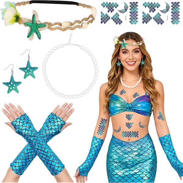 JeVenis Costume De Sirène Femme - Accessoires Coquillage, Jupe Crochet, Collier Et Boucles D'Oreilles Pour Halloween, Cosplay Ou Carnaval Costume Plage Sirène