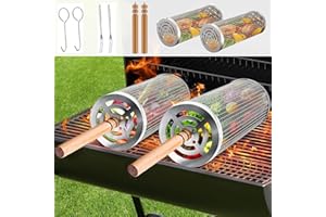 DIKETONE Cesta Rodante para Parrilla,Acero Inoxidable 304 Mango de Madera Extraíble Accesorios Barbacoa,Adecuado para Barbacoas de Verduras y carne, Cocina al Aire Libre Cestas para Parrilla（2 Piezas）