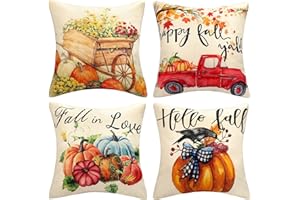 Housse de Coussin 45x45 Citrouille Halloween Lot de 4 Housses de Coussin Feuille D'Érable Citrouille Automne Lin Housses de Coussin Coussins Décoratifs pour Canapé Balcon Terrasse Jardin Décor