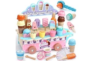 Atoylink Heladería infantil de madera, juguete de hielo para niños con tienda de helados, accesorios para tienda de helados, cocina infantil, juguete de madera, regalo para niñas y niños, 3, 4, 5, 6