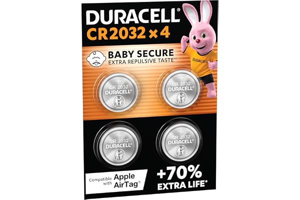 DURACELL 2032 Pilas de Botón de Litio (Paquete de 4) 3V, CR2032 | Hasta un 70 % extra duración - Baby Secure - Para Apple AirTag, llaves remotas, dispositivos domésticos, deportivos y médicos