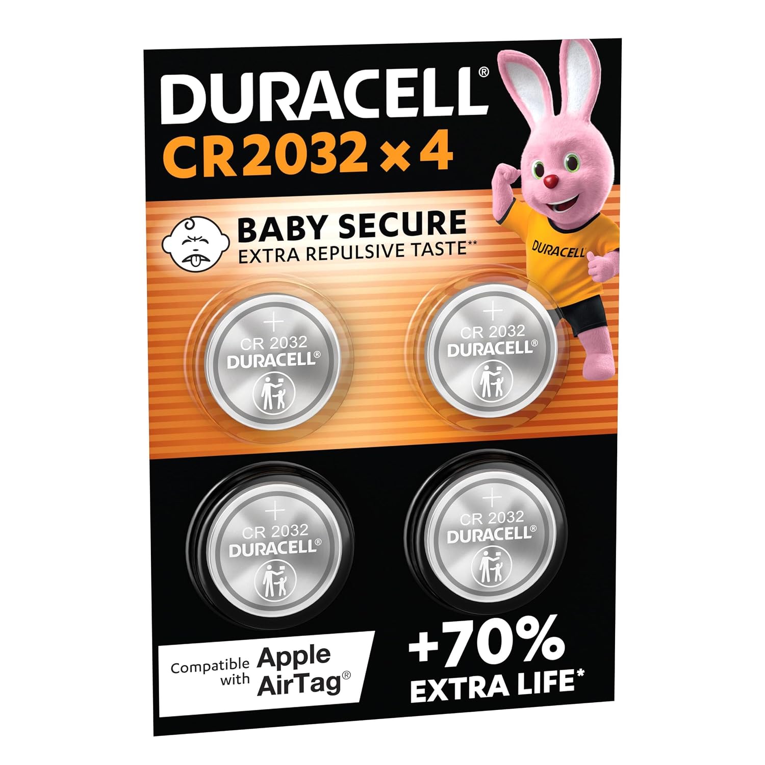 DURACELL 2032 Batterie a moneta al litio (Confezione da 4) 3V, CR2032 | Fino a +70% di durata - Tecnologia Baby Secure - Per Apple AirTag, chiavi auto, dispositivi domestici, sportivi e medici