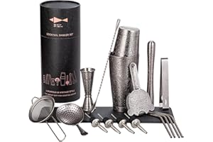 SKY FISH Boston - Juego de coctelera con diseño en relieve 3D, juego de barman de 18 piezas, juego de herramientas de bar de acero inoxidable, gris espacial