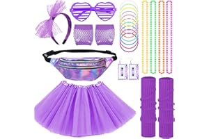 Aleshime 80s Fancy Dress Costumes Accessories for Women Girls, 1980s Fancy Party Costume Accessories Set Kits, Tutu Skirt Waist Bag Leg Warmers Necklaces Bracelet Fishnet Gloves Headband Earrings