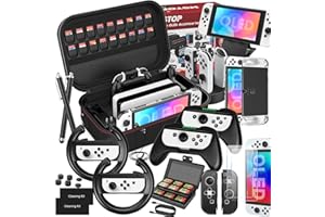 HSTOP Switch OLED Accessory Kits, 28 in1 Switch OLED Bundle with Screen Protector/Joycon Case/Thumb Clip/Game Stand/Joycon Charging Base ect Nintendo Switch OLED Accessories - Black
