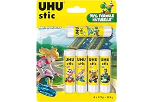 UHU Stic Mario kart - Bâtons de colle sans solvants, blanche, Mario Kart, lot 4+1 stics de 8,2 g