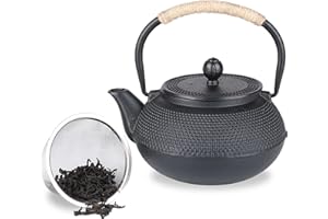 Spring Chef Stovetop Cast Iron Teapot with Stainless Steel Infuser, Black Traditional Japanese Tetsubin Tea Kettle, Removable Infuser Tea Pot Handmade 900ml/30.43oz
