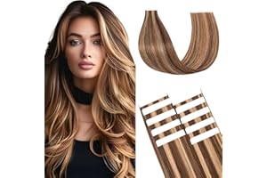 Benehair Extension Capelli Veri Biadesivo 10pz Capelli Naturali Lisci Extension Biadesive Capelli Veri Umani Extension Adesive 35cm, Marrone e Biondo Scuro