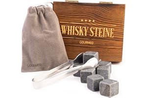 GOURMEO 9 Kamieni do whisky w zestawie z naturalnego bazaltu ze szczypcami ze stali nierdzewnej - kostki lodu wielokrotnego użytku - kamienie whisky - idealne akcesorium na prezent
