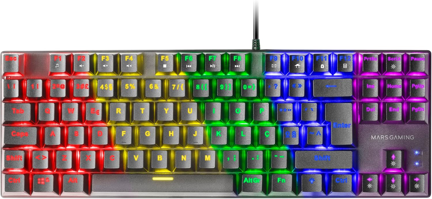 Mars Gaming MK80, Idioma Portugués, Teclado Gaming Mecánico TKL Compacto con Switch Marrón, Iluminación Rainbow RGB, Teclas Doble Inyección, Modo Juego y Anti-Ghosting, Multiplataforma, Negro