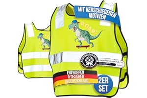 ‎LAUTER SCHUTZ LAUTER SCHUTZ ® Warnweste Kinder (3-12 Jahre) Sicherheitsweste [2 Stück] für bessere Sichtbarkeit bei Tag und Nacht für Sport, Laufen, Fahrrad, Weg zur Schule & Auto (Reflektorweste - Dino)
