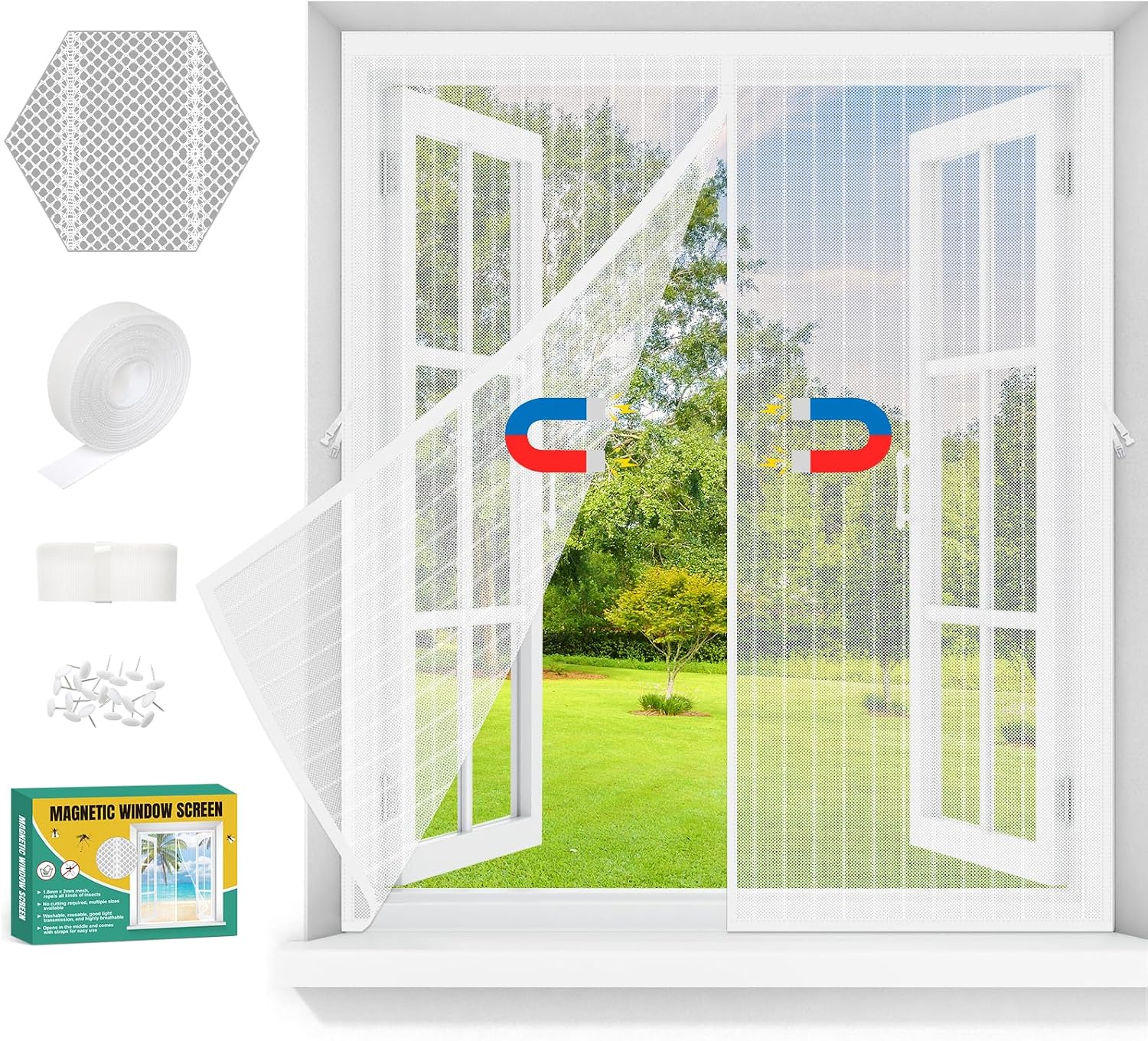 Mosquiteras para Ventanas Magneticas,Mosquitera Ventana Magnetica Sin Taladrar con Cinta Adhesiva,Malla Mosquitera corredera con Iman,Red mosquitero Janela para Dormitorio,Balcón (Blanco, 120x120cm)