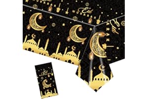YAAVAAW 137*274cm Black Gold Eid Ramadan Table Cloth,Large Ramadan Mubarak Decorations TableCloths,Moon⋆ Tablecover Plastic Tablecloth for Eid Umrah Mubarak Decorations Islam Muslim Party Supplies