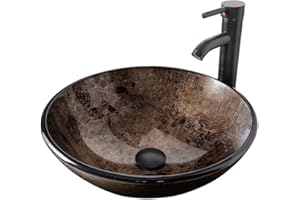 YU YUSING Lavabo Rond en Verre avec Robinet, Vasque à Poser, Lave-Mains, pour Salle de Bain, Cuisine, Toilette, WC d'invités, Marron Moderne, 42 x 42 x 14 cm