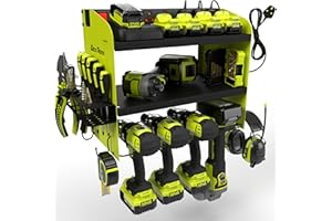 Toolganize Power Tool Organiser, Storage Rack with Power Strip Charging Station, Heavy-Duty for Workshop & Garage Tools - 4 Slot, Ryobi Acid Green.