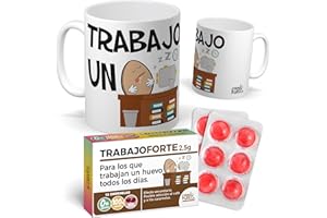 mundohuevo Pack Divertido | Taza Trabajo un Huevo + Caramelos Divertidos Trabajo Forte | Idea de Regalo para Oficina, Compañeros de trabajo | Regalo para Amantes al Café o Té | Calidad AAA 350 ML