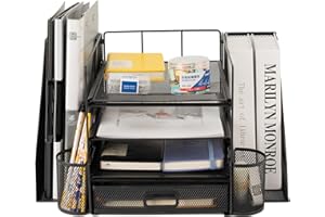 ZNMYDMT Netz-Schreibtisch-Organizer mit Aktenhalter, 4-stufiger Schreibtisch-Akten-Organizer mit Zeitschriftenhalter, Netz-Papier-Briefablage-Organizer mit Schiebeschubladen und Stifthalter für Bürobedarf