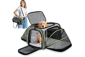 ALLSOPETS Trasportino Estensibile per Cani e Gatti, Trasportino Gatto Pieghevole Morbido con Estensioni Laterali, Cuscino Rimovibile e Tasche da Viaggio in Aereo (Grigio & Verde)