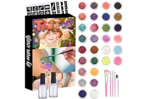 GALOZZOIT Glitter Tattoo Kit mit 24 Farben und 6 leuchtenden Farben, wasserdichtes temporäres Tattoo für Kinder, Glitzer Make-up mit 120 Schablonen für Mädchen Frauen Männer Festivals Party