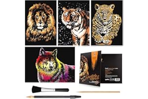 ARTSPER Rainbow Scratch Art Painting Paper (A4) for Kids & Adults, Night View Scratchboard, Art & Craft, Engraving Art Set: 4 Sheets Scratch Cards & Drawing Pen, Clean Brush (Lion/Tiger/Leopard/Wolf)