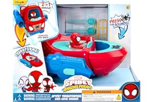 JAZWARES Spidey and His Amazing Friends Spidey Transforming Web-Wave Cruiser, 22,9 cm, 2-in-1-Fahrzeug mit freien Rädern und Web-Dartwerfern