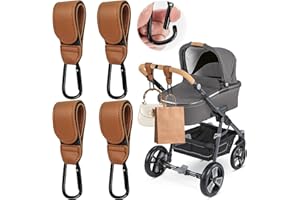 HAOHANEUP 4 Pcs Leather Buggy Clips,Pram Hook Clip,Pram Rocker Clip for Bags, Buggy Bike Rocker Clip,Universal Pram Accessories for Pushchair,Shopping Bag,Backpack(Brown)