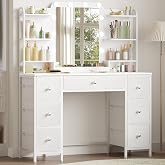 Hzuaneri Makeup Vanity 108 cm with LED Lighting, White | Large HD Mirror, 7 Drawers, 6 Shelves, Fabric Drawers, 40 x 108 x 14