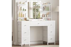 Hzuaneri Toeletta da Trucco con Illuminazione a LED, Toeletta con grande specchio HD, Tavolo da Trucco con 7 Cassetti e 6 ripiani portaoggetti, Spogliatoio della camera da letto, Bianco DT42303XEU