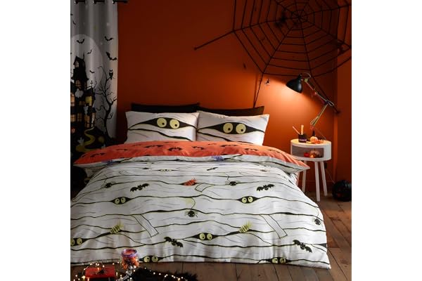 Bedlam – Scary Mummy påslakan – dubbelsäng storlek (200 x 200 cm) – vändbart (2 designer) – lyser i mörkret – läskiga mammor & vampyrfladdermöss påslakan – halloweendekorationer